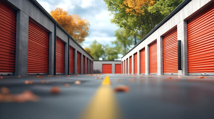 Wall Mural - Storage units with orange doors and autumn foliage.