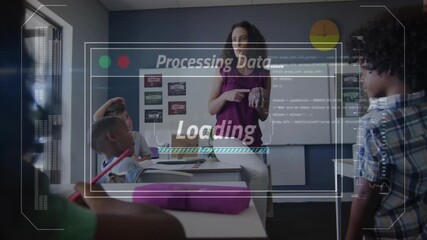 Sticker - Processing data and loading animation over teacher and students in classroom