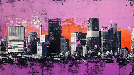 Wall Mural - Urban skyline artwork with vibrant colors and abstract style.