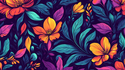 Poster - Vibrant floral pattern with colorful leaves and blossoms.