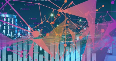 Sticker - Animating network connections and data processing over cityscape with financial graphs