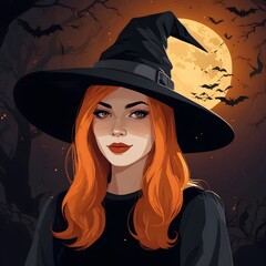 Wall Mural - A young beautiful witch in a black dress and a magic hat. Halloween background. Generative AI.