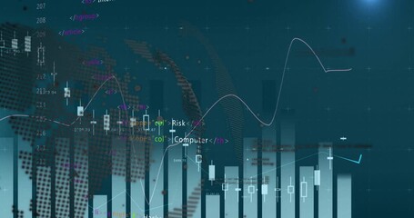 Sticker - Financial data and coding animation over cityscape with bar and line graphs