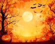 © Timaren - A vibrant autumn scene featuring jack-o'-lanterns, trees, and flying bats against a glowing orange sunset.