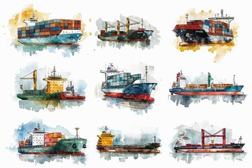 Wall Mural - A series of watercolor paintings of different types of ships. The mood of the paintings is serene and peaceful, with the water and sky as the background