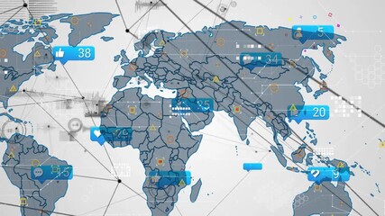 Wall Mural - Social media interaction icons animation over world map with network connections