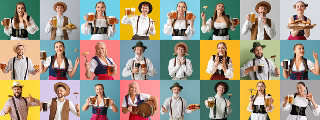 Collage of many people celebrating Octoberfest on color background