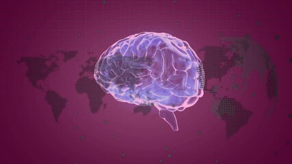 Sticker - Brain with neural connections animation over world map with data points