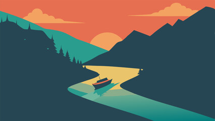 illustration traveling boat in river, beautiful landscape, green trees, natural light, nature