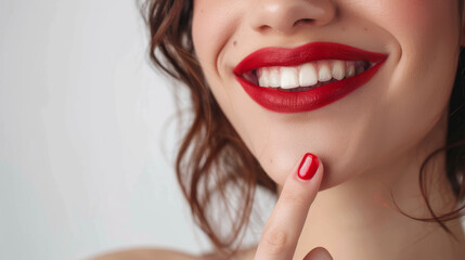 Wall Mural - Smiling woman with clean teeth pointing own red lips with her finger, isolated on white background , Quality Enhanced With Ai