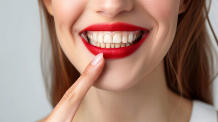 Wall Mural - Smiling woman with clean teeth pointing own red lips with her finger, isolated on white background , Quality Enhanced With Ai