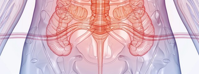 A close up of a human body with the organs of the lower abdomen and pelvis shown in red