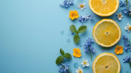 A blue background with flowers and an orange slice. The orange slice is cut in half and surrounded by other fruits and flowers