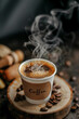 © Zoran Karapancev - Closeup shot of steam rising from a white paper cup filled with coffee on a wooden coaster, coffee beans nearby, blurred dark brown backdrop. The cup has the word Coffee written on it. copy space, 2:3