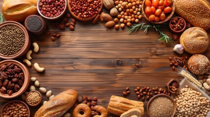 A table with a variety of foods including bread, nuts, and beans. The table is surrounded by a wooden frame