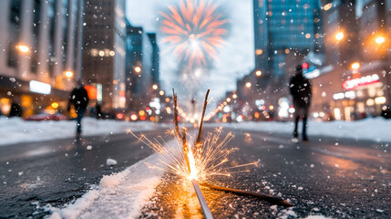 Wall Mural - Sparkler on Snowy Street - Festive New Year's Celebration in the City