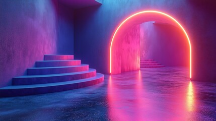 Poster - Neon-lit corridor with steps in a futuristic setting during nighttime