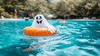 © JuliaDorian - Whimsical Ghost Inflatable Ring Floating in Refreshing Blue Pool on a Sunny Summer Day