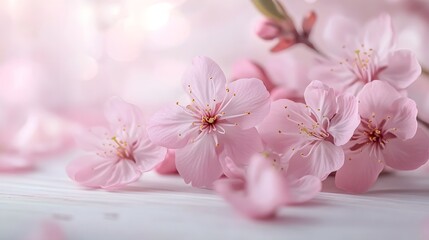 Delicate cherry blossom branches, soft pink petals, white wooden table surface, pastel pink bokeh background, gentle spring atmosphere, copy space for text, minimalist floral composition.