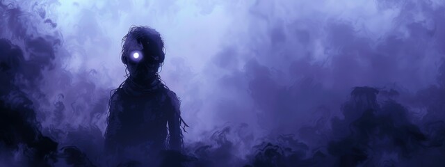 Wall Mural - A man with glowing eyes stands in a foggy, misty forest. The atmosphere is eerie and mysterious, with the man appearing to be a creature from another world