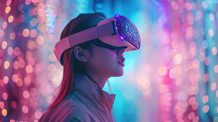 A woman wearing VR glasses in front of a digital background