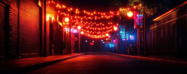 Empty urban alley adorned with colorful hanging lights and neon signs, creating a vibrant and mysterious nighttime atmosphere.