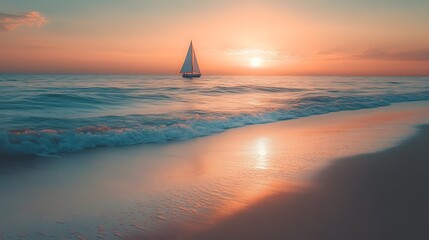 Wall Mural - Golden hour light, serene beach scene, gentle waves lapping shore, pastel pink and orange sky, calm water reflections, distant sailboat silhouette, tranquil seascape, soft sand textures, peaceful ambi