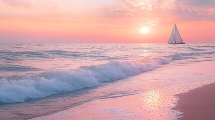 Wall Mural - Golden hour light, serene beach scene, gentle waves lapping shore, pastel pink and orange sky, calm water reflections, distant sailboat silhouette, tranquil seascape, soft sand textures, peaceful ambi
