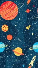 Wall Mural - Seamless Space Pattern with Planets, Stars, and Rockets.