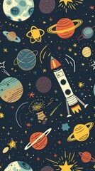 Wall Mural - Cute Hand Drawn Space Seamless Pattern.
