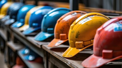 Wall Mural - A row of safety helmets are lined up on a shelf. The helmets are of different colors and sizes, but they all have the same purpose: to protect the wearer from potential hazards