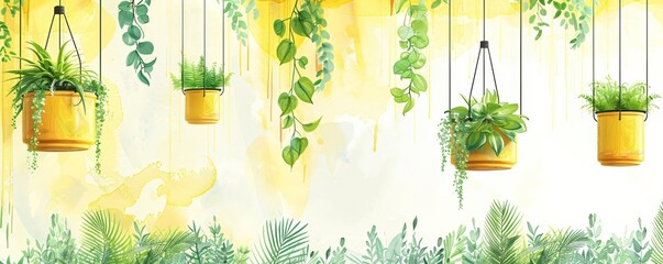 Wall Mural - Watercolor tropical green house plants in pots. Hygge style. Trendy house interior decor. Greenery botanical illustration with copy space for design banner, poster, card