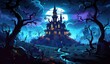 © เอิร์ท เด็กอ้วนฟาร์ม - A spooky haunted mansion on a hill surrounded by bats and dead trees under a glowing moonlit sky.