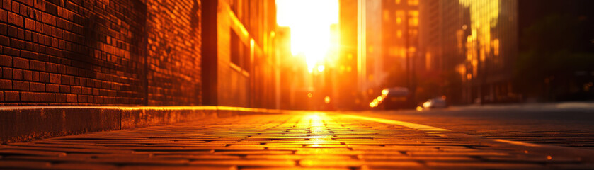 Golden hour urban street with sunlit brick wall and empty sidewalk, capturing the peaceful beauty of city life at sunrise.