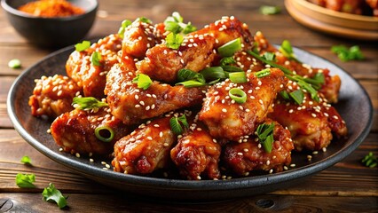 Crunchy Korean-style fried chicken wings tossed in a sweet and spicy sauce, garnished with toasted sesame seeds and fresh green onions.