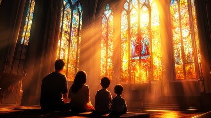 Wall Mural - Family Praying in Church with Stained Glass Window.