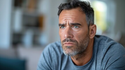 A man with a beard and gray hair is looking at the camera with a serious expression. He is wearing a gray shirt and he is deep in thought