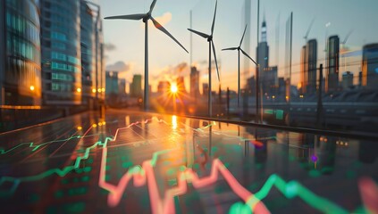 A stock market graph going up with wind turbines in the background, symbolizing green energy and sustainable business practices on a softly blurred neutral blue or grey background 