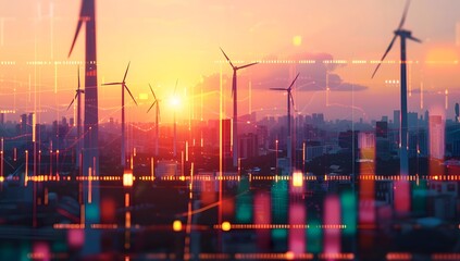 A stock market graph going up with wind turbines in the background, symbolizing green energy and sustainable business practices on a softly blurred neutral blue or grey background 