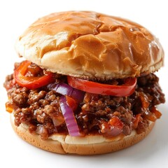 Canvas Print - A tasty-looking sausage burger with peppers and onions, topped with a purple onion ring.