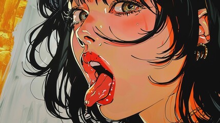 Canvas Print - the girl is making an expression by sticking her tongue out, colored street manga art, exquisite, pure gold and white creamic, classy earrings, elegant intense closeup