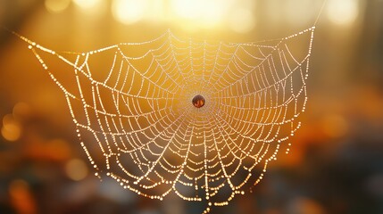 Wall Mural - Dewy Spiderweb in Golden Light.