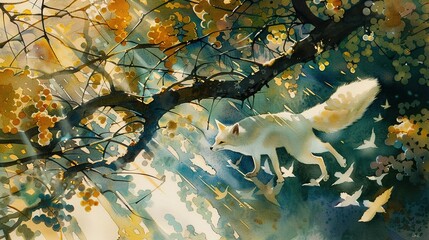 Sticker - The white fox is playing with birds under the grape tree surrounded by little birds watercolor japanese art, cinematic vibrant raking light, long shadows, caustic lighting, light and shadows