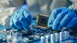 © TheseusStock - A close examination of hands in blue gloves holding and examining an advanced microchip, set against the backdrop of clean white protective equipment.