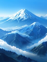 Wall Mural - A mountain range with a large snow covered peak in the middle. The mountains are covered in clouds and the sky is blue