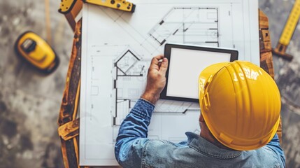 A man wearing a yellow hard hat is looking at a tablet with a drawing of a building on it