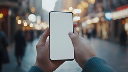 finger touching blank white smartphone, mockup for social media or other business needs