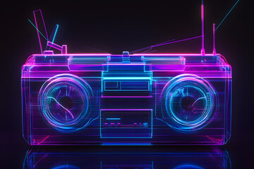 Wall Mural - Retro boombox outlined with neon light trails isotated on black background.