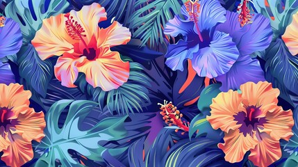 Poster - tropical flowers in a pattern, simple, purple blue peach and complimenting green colors, pop art style