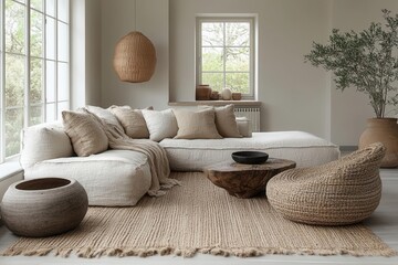 Sticker - minimalist scandinavian living room bathed in natural light featuring clean lines neutral tones and pops of greenery with a focus on texture and organic materials